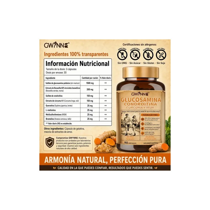 Glucosamina Complex Glucosamine 1500mg, Chondroitin, MSM, Curcumin, Quercetin, 90 Caps