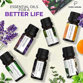 PURE AROMA Set de aceites esenciales 100% puros - 6 aromas naturales para difusor y aromaterapia - 10 ml c/u