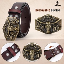 TRIWORKS Western Cowboy Leather Belt for Men Women Cowgirl Western Country Belt Mens Buckle Belt for Jeans, F-coffee, Fit Size 42"-46"