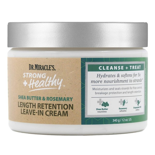 Dr.Miracle's Strong & Healthy Length Retention Leave In Cream. Contains Shea Butter, Rosemary and Grapeseed oil.