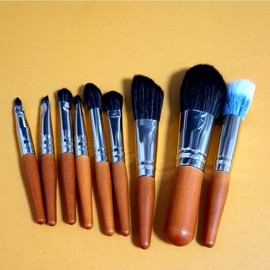 Makeup Wood Handle Brush Set (9pcs) Portable Travel Size Makeup Tools