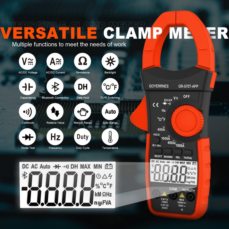 Digital Clamp Meter, TRMS 4000 Counts AC DC Amp Meter,GR-570T-APP