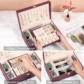 LANDICI Jewelry Box Organizer for Women, 2 Layer 4 Slot Watch Storage Case with Removable Tray, PU Leather Large Jewellery Holder Display for Watches Sunglasses Rings Earrings Necklace, Purple