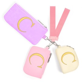 Mini Zip Around Keychain Wristlet Wallets for Women and Girls: Three Coin Purses with 2 Straps - Best Gifts for Birthdays, Christmas, Wedding Parties, Valentine's Day, New Year (C, Purle&Pink&Cream)