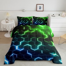 Erosebridal Honeycomb Boys Comforter Set Full Size Abstract Geometric Kids Bedding Set Neon Green Blue Honeycomb Down Comforter for Teen Men Geometrical Hexagon Beehive Bed Set 3 Pcs