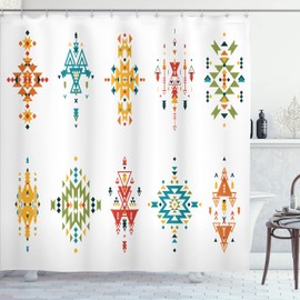 Ambesonne Tribal Cortina de Baño, Diseño Colorido del Antiguo, Paño Conjunto de Decoración de Baño de Tela y Ganchos, 75" Alto, Azul Petróleo Albaricoque