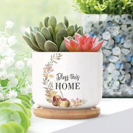 DecStic Bless This Home Ceramic Planters Christian Saying Planters for Indoor Plants with Drainage Holes and Saucers Pot for Outdoor Garden Home Plant