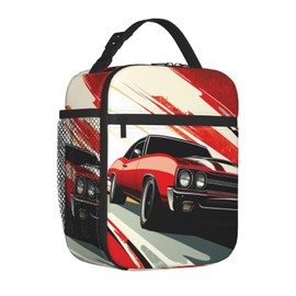 Qycazzw Muscle Car Lunch Bag for Women Men Adults, Insulated Lunch Box for Work, Sports, Travel, Picnic,Hiking, Fishing, Red Retro Classic Car Theme Lunchbox Gifts