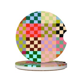 Colorful Checkered Car Coasters for Cup Holders,2 Pack Car Cup Holder Coasters for Car,Ceramic Absorbent Car Coaster with A Finger Notch and Cork Base,Car Interior Accessories for Women Men