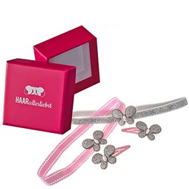 HAARallerliebst Set of 4 Hair Clips and Headband with Glittering Butterflies (3.5 cm | Pink Silver | 4 Pieces) Including Pink Box for Storage (Box Colour: Pink)