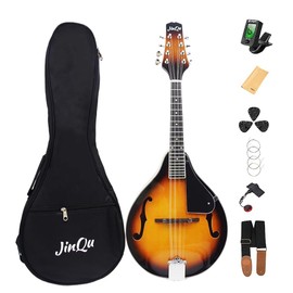 JinQu Model A mandolin instrument for beginners, children, adults; 8-string acoustic mandolin selection of spruce and Sabili; Starter kit: Tuner, strings, straps, pick, wipe cloth,Sunburst