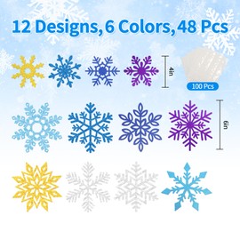 48pcs Snowflake Cutouts Glitter Paper Snowflakes Blue Sliver Golden Purple Double Sided Snowflake Decorations Holiday Christmas Classroom Decoration Winter Themed Decoration for Home Office School
