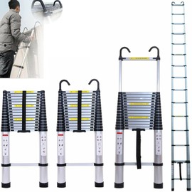 Telescoping Ladder with Hooks, 16.5FT One Button Retraction Aluminum Telescopic Extension Extendable Ladder, Folding Ladder Slow Down Design Multi-Purpose Ladder for Outdoor Indoor, 330lbs Capacity
