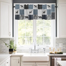 Retro Countryside Bear Moose Woods Curtain Valance for Windows/Living Room/Kitchen/Bathroom/Farmhouse, Grey Blue Buffalo Plaid Short Rod Pocket Tier Curtain Window Treatment, 1 Panel 60x18