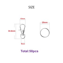 50pcs Swivel Snap Hooks with Split Key Rings Metal Silver Lobster Claw Trigger Clasps for Keychain Clip Lanyard Bag Purse Tag Jewelry Making Crafts Length 1.36inch(34.5mm) Inside Width 0.36inch(9mm)