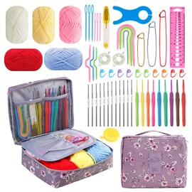 HATINXIA Crochet Hooks, 58pcs Crochet Hook Set with Yarn, Portable Yarn Crochet Kit for Beginners, Ergonomic Crochect Needles Tools DIY Knitting Accessories for Experienced Crochet Lovers, Purple
