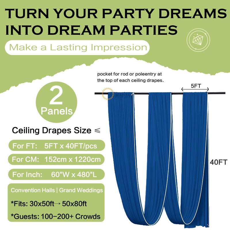 PartyVillage 10ftx40ft Royal Blue Ceiling Curtain for Wedding Parties –