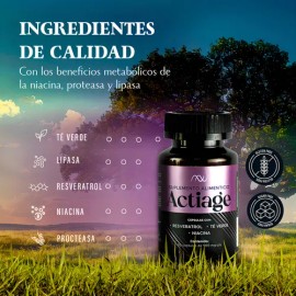Resveratrol con Té Verde y Niacina - Actiage Cápsulas Nutrinova - Potente Antioxidante para Salud Celular y Energía - Apoya Sistema Inmunológico y Cardiovascular - Suplemento Natural de Alta Calidad