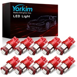 Yorkim 194 LED Bulbs Red Super Bright Newest 5th Generation, T10 LED Bulbs, 168 LED Bulb, LED Bulbs for Car Interior Dome License Plate Map Door Courtesy Lights W5W 2825, Pack of 10