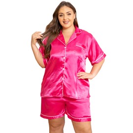Vozanet Women's Short Sleeve Satin Pajama Sets Silky Ladies Button Down Loungewear Plus Size Nighty Shorts Sets XL to 5XL Soft Sleepwear V Neck Two Piece Pjs, Rose, 4X-Large
