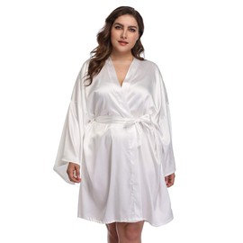 DandyChic Women's Plus Size Short Satin Kimono Robes Sleepwear Silky Bridesmaid Party Dressing Gown For Wedding, White-4XL