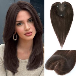 Hairpieces for Women, Real Human Hair, 30 cm, 360° Human Hair Piece for Women with Thinning Hair, Realistic Scalp for Cliping, Straight Hair (Dark Brown #2, Side Bangs)