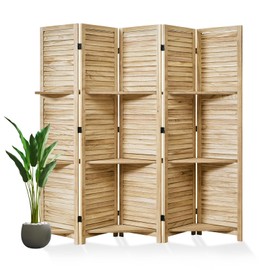 Room Divider with Shelves, 5.6 Ft Tall Folding Wood Screen with Double Hinges for Home Office Bedroom Hotel Decoration (5 Panels, Natural)
