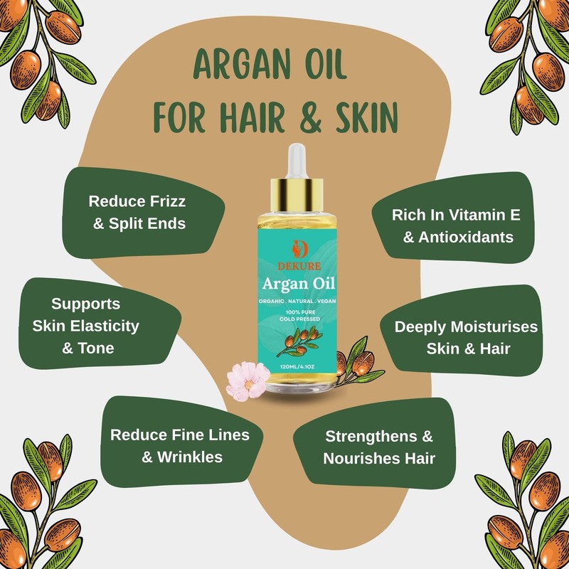 Dekure Argan Oil, 100% Pure Organic Cold-Pressed, 120ml, For Hair