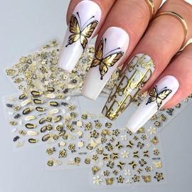 TBRZTR Black Gold Butterfly Paper Nail Art Stickers Decals, 30 Sheets Leaf Insect Floral Decoration Supplies for Women Manicure