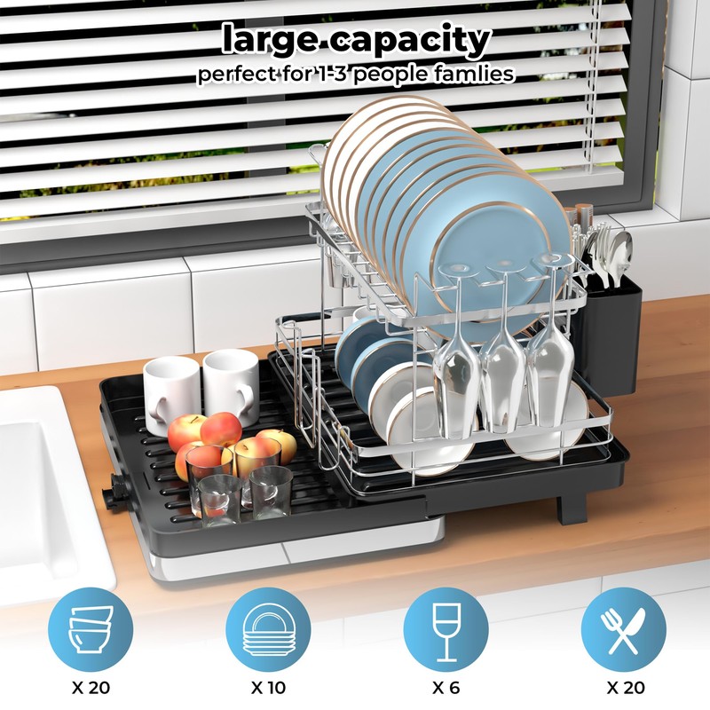 Pumokc Dish Drying Rack, Expandable Large Capacity 2 Tier Dish