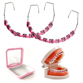 Dental Fake Braces for Teeth with Storage Case, Orthodontic Temporary Tooth Wire Braces with Metal Brackets and Arch Wire, Teaching Demonstration Model, Practice Aid, Educational Display (Pink)