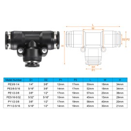 HARFINGTON 2pcs Push to Connect Fittings 3/8 Inch Tube OD x 5/16 Inch OD, Tee Plastic Quick Connect Air Hose Pneumatic Fitting Kit Reducing 3 Ways Push Lock Connector PE3/8-5/16, Black