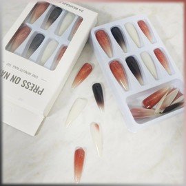 Long Stiletto Press on Nails for Art with The Setting Sun Design, Glossy Silver Glitter Acrylic False Nails Gel Glue on Nails Brown Gradient Full Cover Fake Nails Stick on Nails for Women Girls 24Pcs