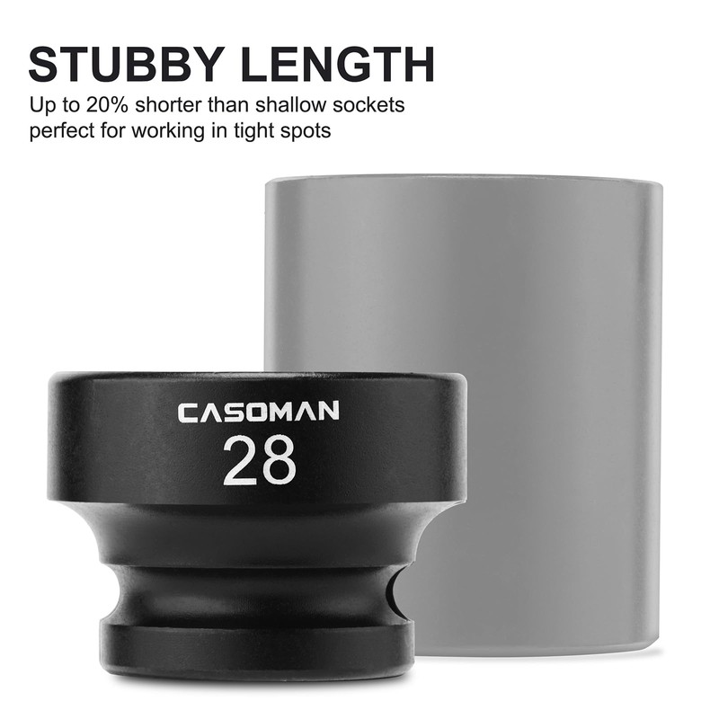 CASOMAN 1/2" Drive 28mm Stubby Impact Socket Set, 6-Point, 1.1"
