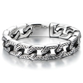 COOLSTEELANDBEYOND Men's Male Edge-hugging Pattern Curb Chain Bracelet Stainless Steel with Spring Ring Clasp, Stainless Steel, No gemstone