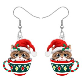 BONSNY Acrylic Dangle Christmas Cute Funny Cat Earrings Hypoallergenic Pets Jewelry Gifts For Women Accessories (Red)