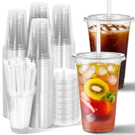 Charmount 100 Sets- 20 oz Clear Plastic Cups with Lids and Straws, Disposable To Go Cups for Cold Drinks, Iced Coffee, Milkshakes, Smoothies