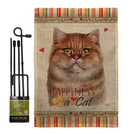 Cat British Short Hair Happiness Burlap Garden Flag Set with Stand Animals Kitten Meow Spoiled Paw Fur Pet Nature Farm Animal Creature Small Gift Yard House Banner Double-Sided Made in USA 13 X 18.5