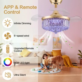 Zynfandor 30" Retractable Crystal Ceiling Fan with Light, RGB Modern Fandelier 6 Speeds Reversible Blades Dimmable Chandelier Ceiling Fan with Remote App Control Memory Timer Gold