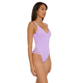 BECCA Women's Standard Color Prism High Leg One Piece Swimsuit-Scoop Neck, Open Back Design, Bathing Suits, Iris, Large