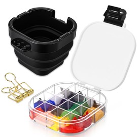 Fuyoooo Airtight Paint Saver Storage Palette Box 16 Well Portable Palette Box with Sealing Lid Fixing Clips Collapsible Brush Basin for Gouache, Acrylic, Watercolor and Oil Paint Art Supplies(Black)