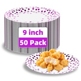 DN DENNOV White & Purple Dot Party Plates 9’’ Polka Dot Paper Plates for Kids Women Men Birthday Party, Wedding, Picnics, Anniversary Decorations. Pack of 50 (White and Purple Plates)
