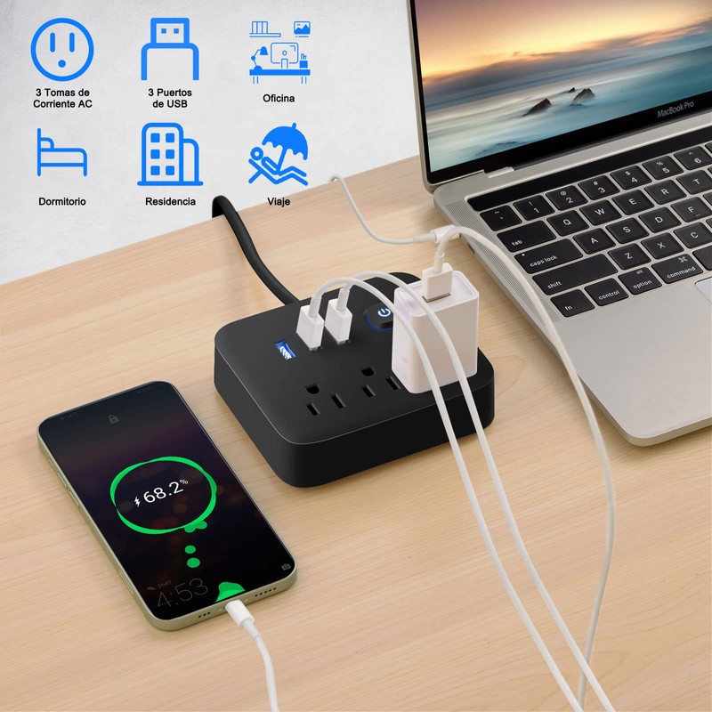 Lostrain Multicontactos USB,Regleta de Alimentación con 3 Ca(10A) y 3