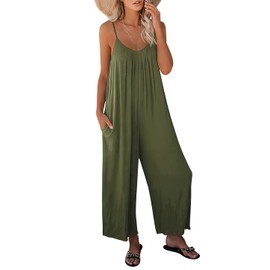 ANRABESS Women Summer Casual Sleeveless Spaghetti Strap Boho Wide Leg Jumpsuits Rompers Dressy 2025 Trendy Outfits Clothes Armygreen Small