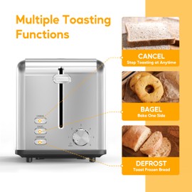 HealSmart 2-Slice Stainless Steel Toaster, 6 Browning Setting and 3 Function Toaster, Extra Wide Slot & Removable Crumb Tray, for Bread & Waffle, Silver