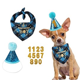 Dog Birthday Party Set, Dog Birthday Bandana Triangle Scarf with Cute Dog Birthday Number Hat Dog Birthday Banner for Dog Birthday Party Supplies (Blue-hat&bscarf&Number)