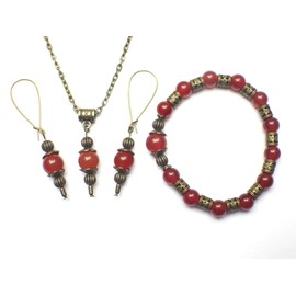 Red Carnelian Vintage Style Bracelet Earrings Necklace Set for Women