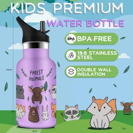 Grsta Children's Drinking Bottle, 350 ml Stainless Steel Drinking Bottle, School, Cold and Warm, Metal Drinking Bottle, Can Be Carried, Drinking Bottle with Straw, for Children Over 24 Months, Purple