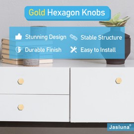 Jasluna 2-Pack Gold Cabinet Knobs for Dresser Drawers, 1-1/4 inch Hexagon Knobs for Kitchen Cupboard Bathroom Closet, Matte Gold Finished