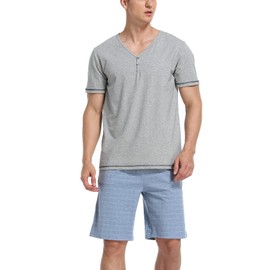 COLORFULLEAF Men's Cotton Short Sleeve Pajama Sets Button Down Notched Collar Sleepwear Soft Lounge Pjs with Pockets (Grey,L)